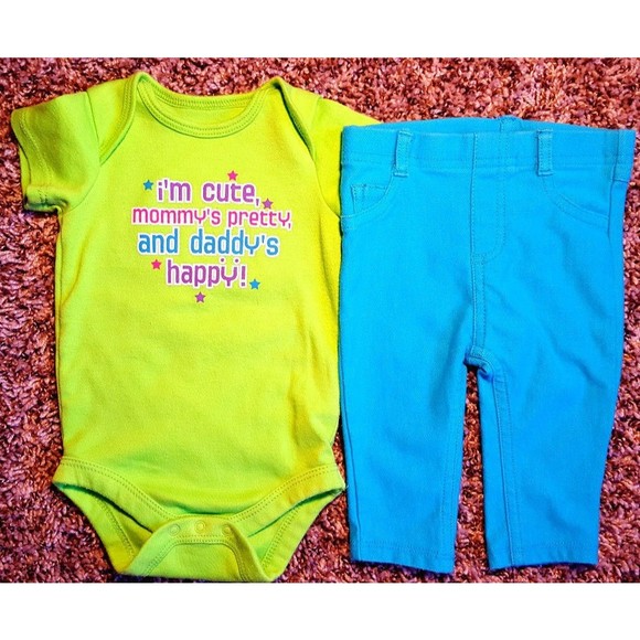 Girl's Size 6 M 3-6 Months 2 Pc Green Im Cute Mom's Pretty Dads Happy Top, Pants - Picture 1 of 6